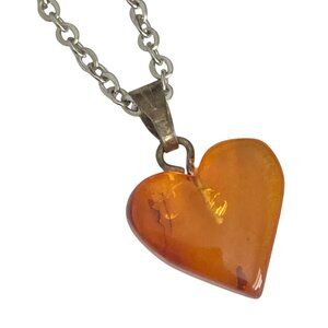 Vintage Dominican Honey Amber Heart Necklace Small Charm Pendant 18" Handmade